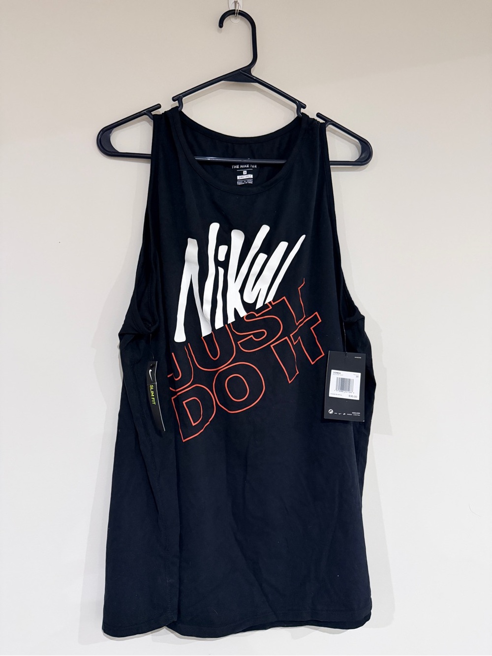 NWT Nike Black Tank Top with White Script and Red Outline Graphic